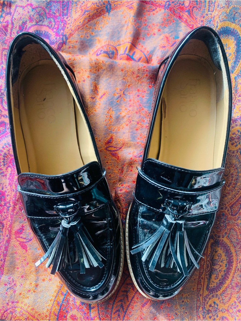 Franco Sarto Black Patent Loafer with Tassels 7-7.5